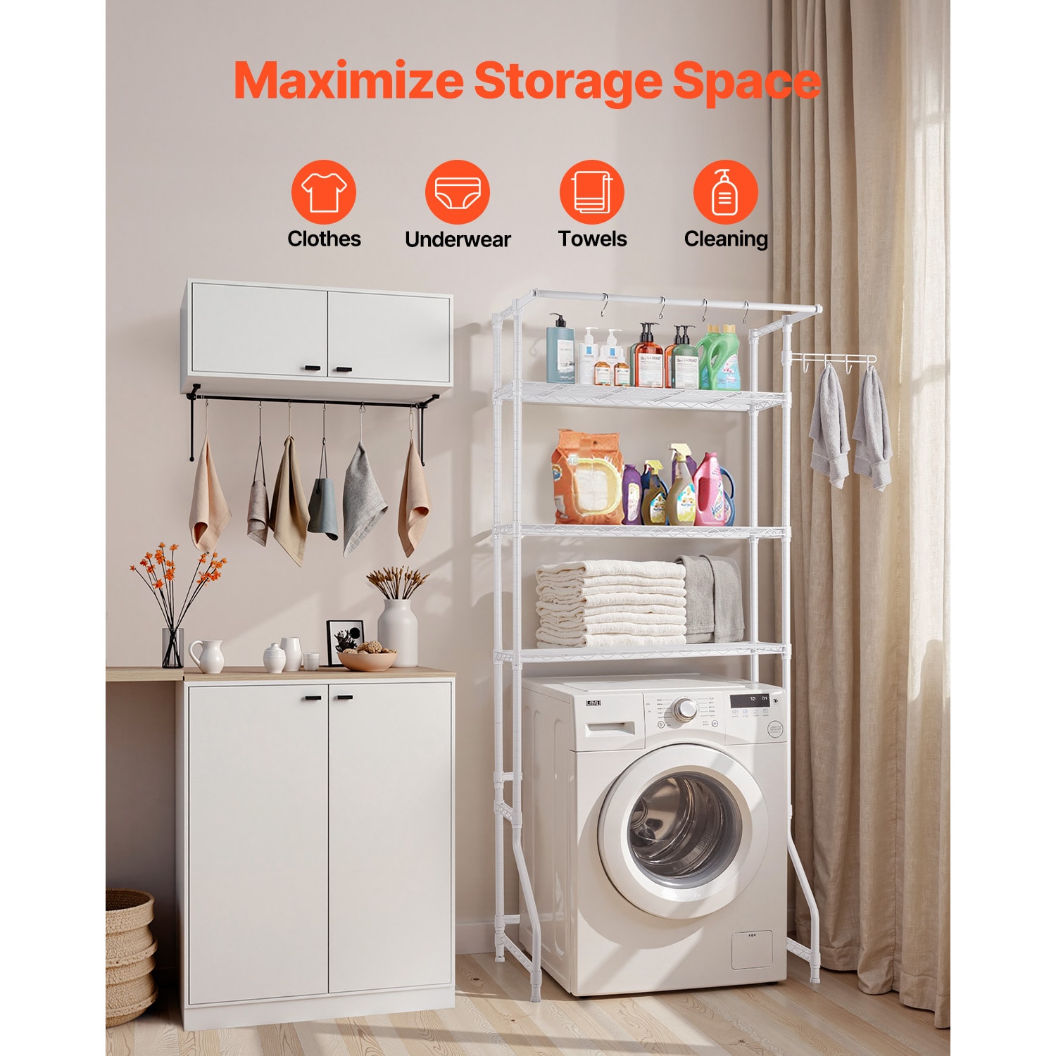 Over The Washer And Dryer Storage Shelf, 3 Tier Laundry Room Drying Rack With Hanger Rod And Hooks, Adjustable Over Washer And Dryer Shelves, Laundry Room Shelf Storage Space Saver, White_maomaolike.com